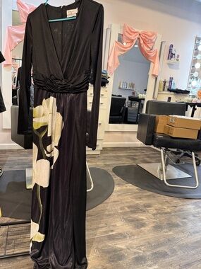 Alyce Paris Black Maxi Dress with White Floral Panel